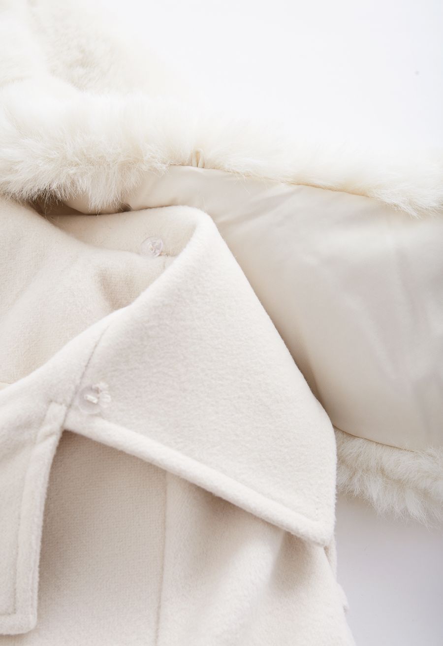 Faux Fur Collar Double Breasted Belted Coat in Cream