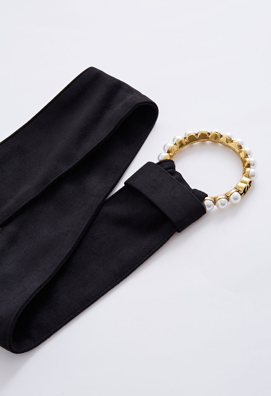 Pearl Trim O-Ring Velvet Belt in Black