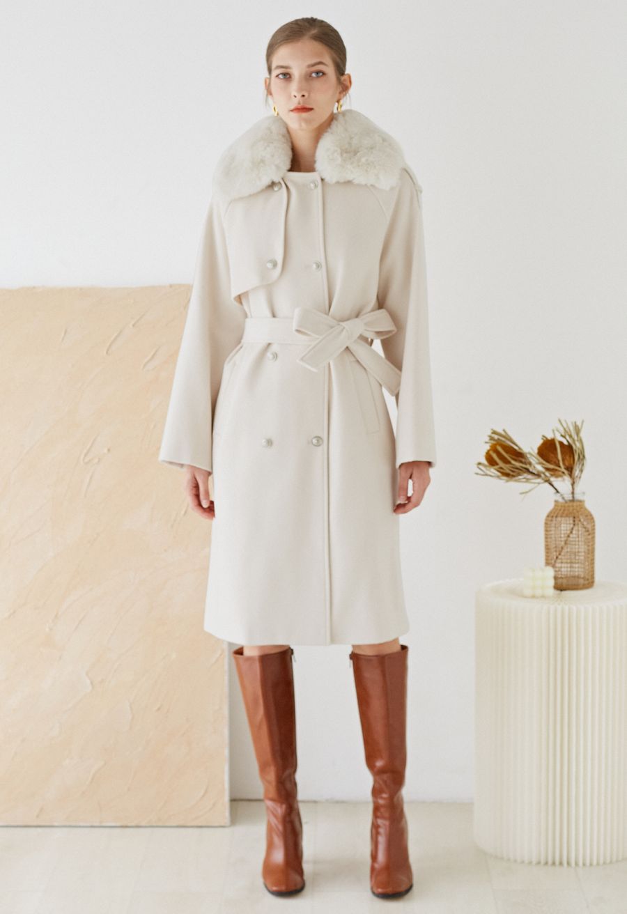 Faux Fur Collar Double Breasted Belted Coat in Cream