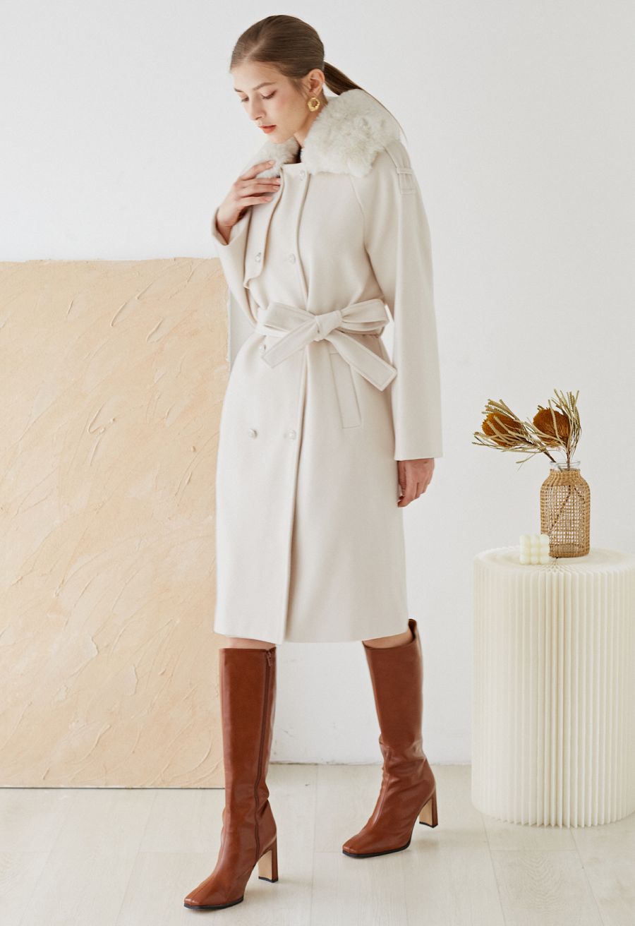 Faux Fur Collar Double Breasted Belted Coat in Cream
