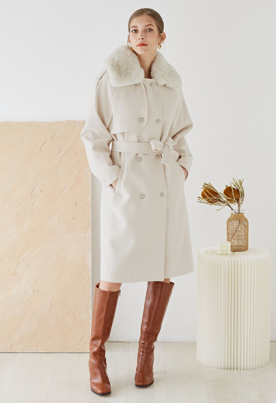 Faux Fur Collar Double Breasted Belted Coat in Cream