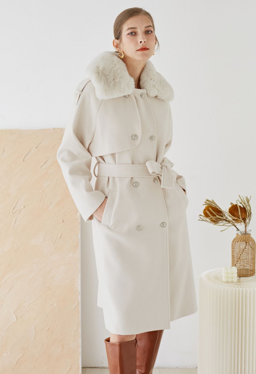 Faux Fur Collar Double Breasted Belted Coat in Cream