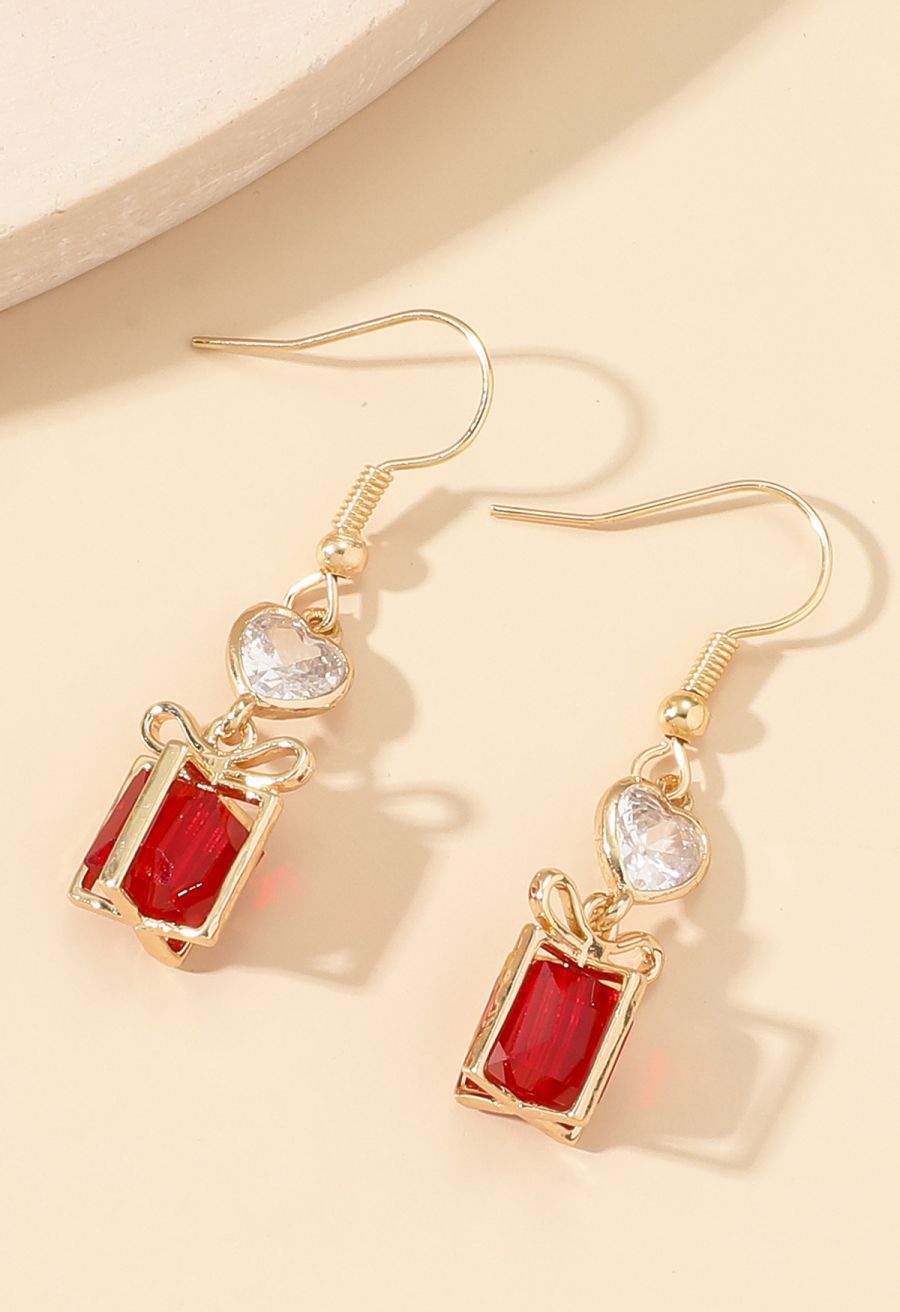 Gold Trim Red Crystal Gift Box Earrings