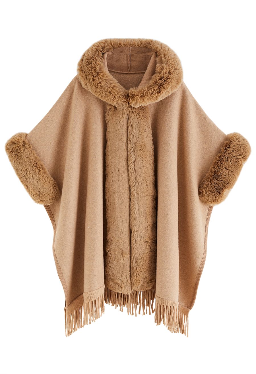 Fringe Faux Fur Hooded Poncho in Tan