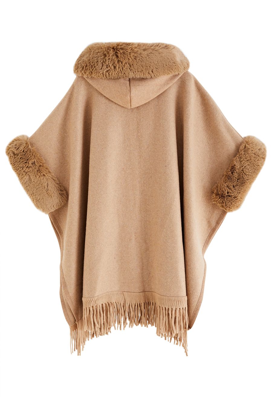 Fringe Faux Fur Hooded Poncho in Tan