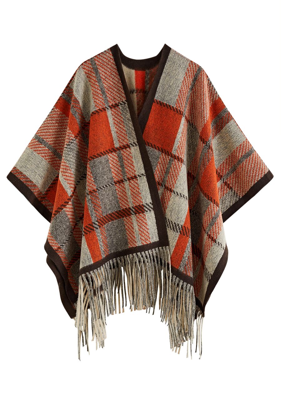 Plaid Jacquard Fringe Poncho in Orange