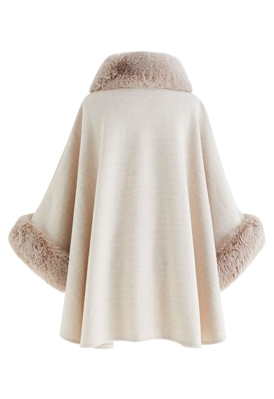 Self-Tie Bowknot Faux Fur Poncho in Oatmeal