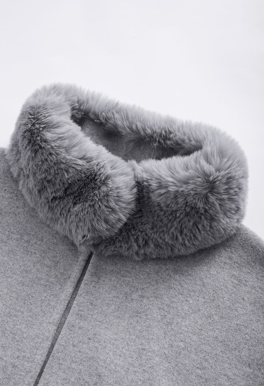 Self-Tie Bowknot Faux Fur Poncho in Grey