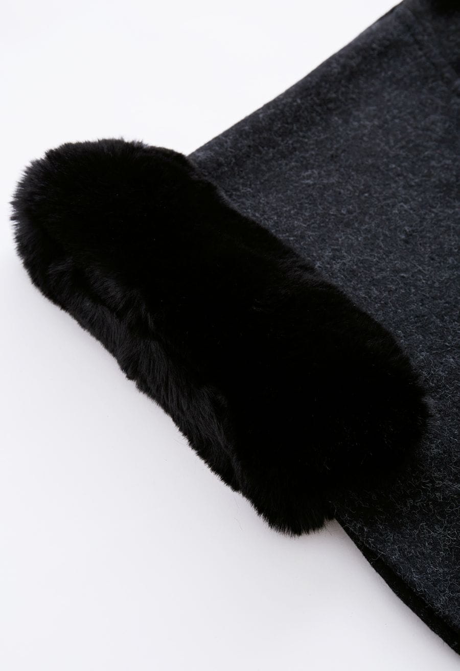 Self-Tie Bowknot Faux Fur Poncho in Black