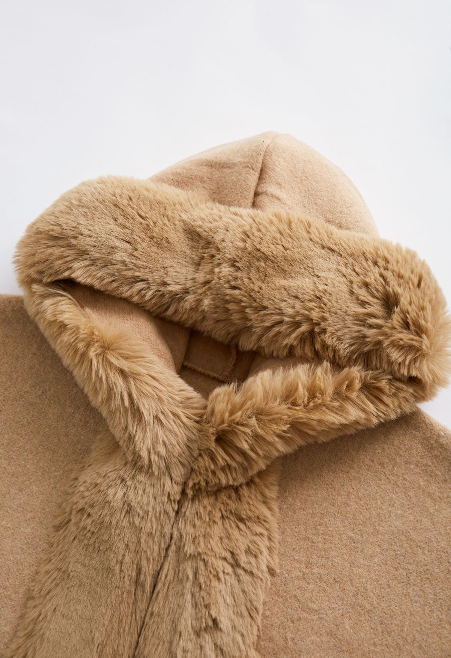 Fringe Faux Fur Hooded Poncho in Tan
