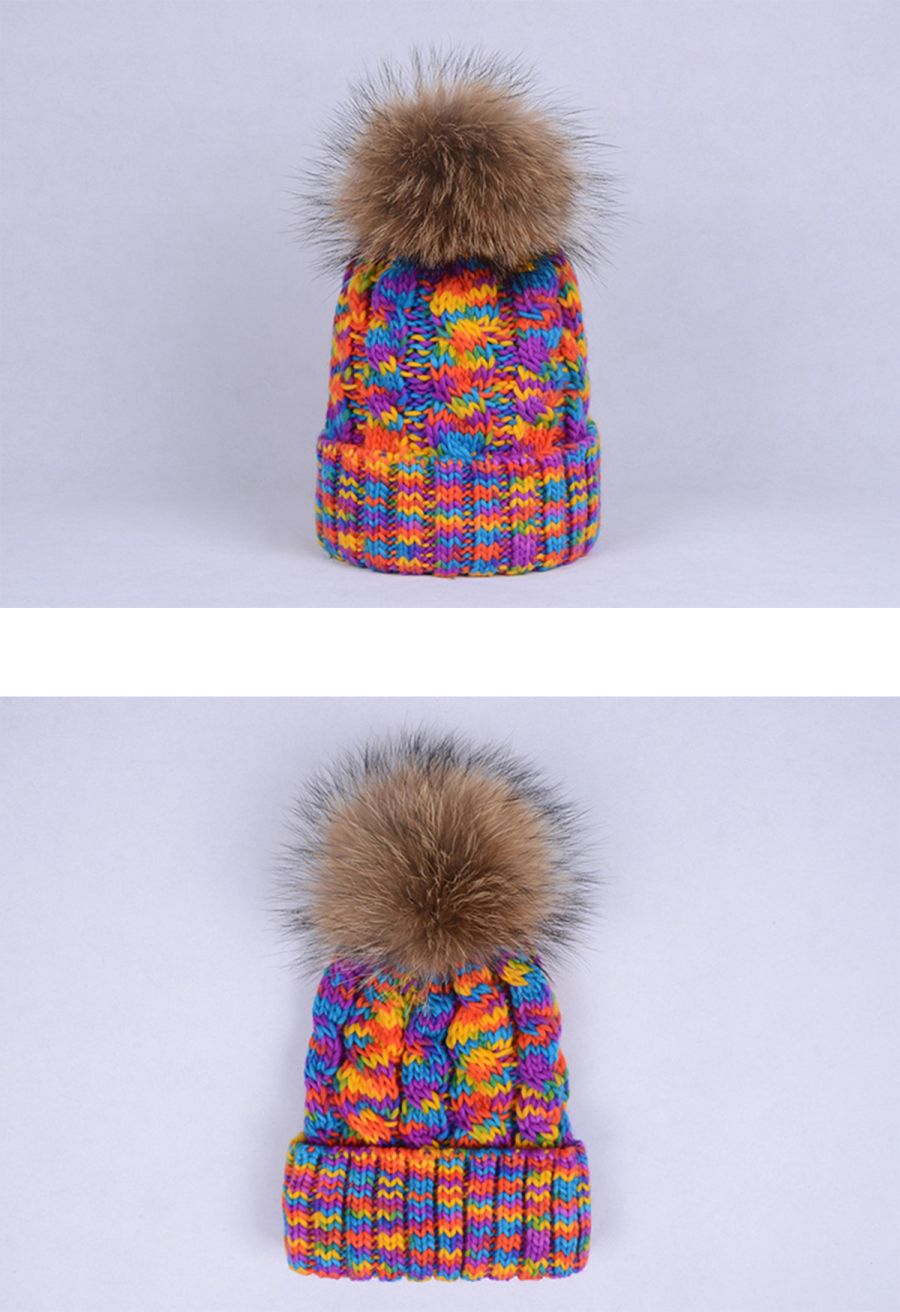 Mix-Knit Pom-Pom Beanie Hat in Yellow