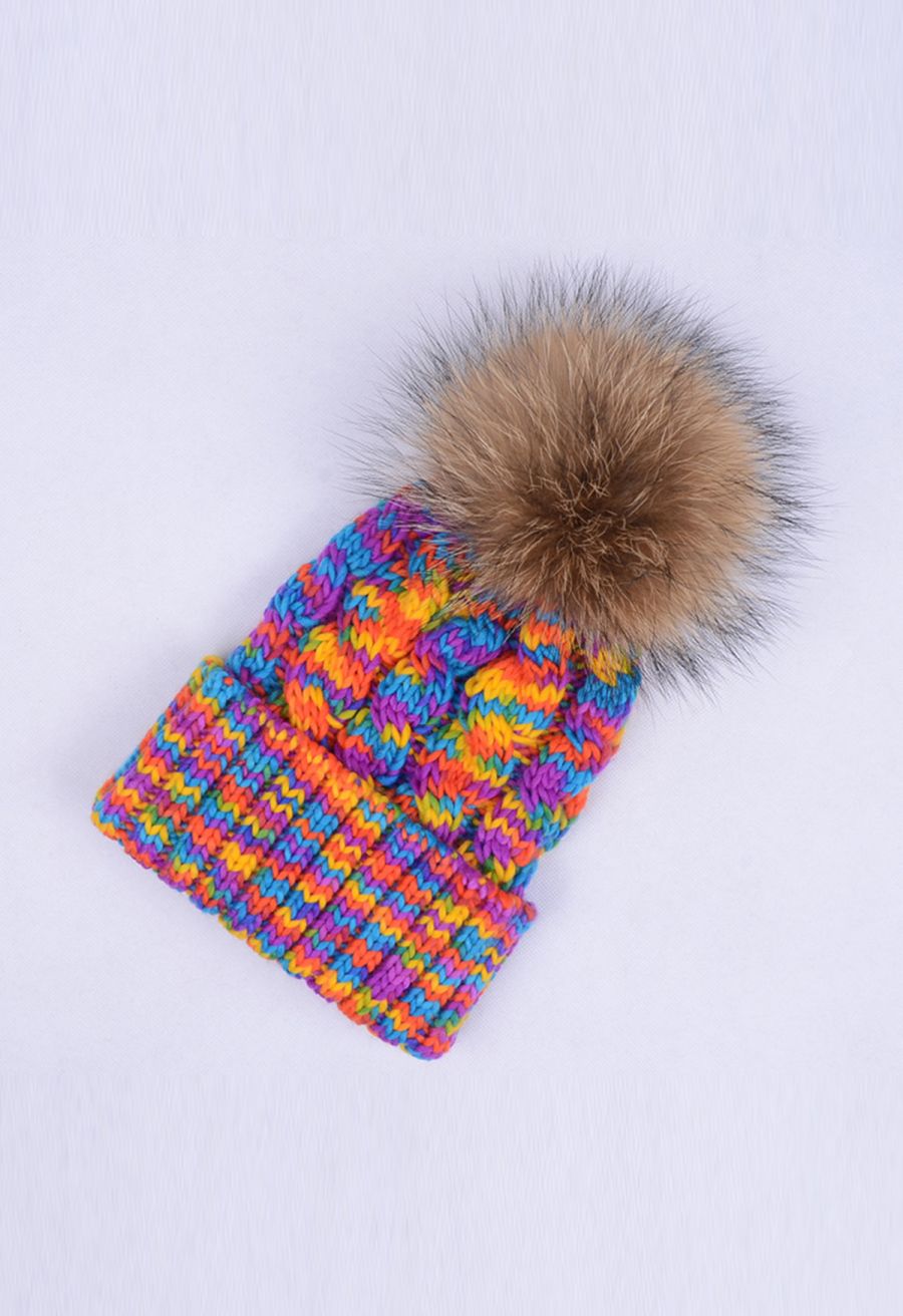 Mix-Knit Pom-Pom Beanie Hat in Yellow