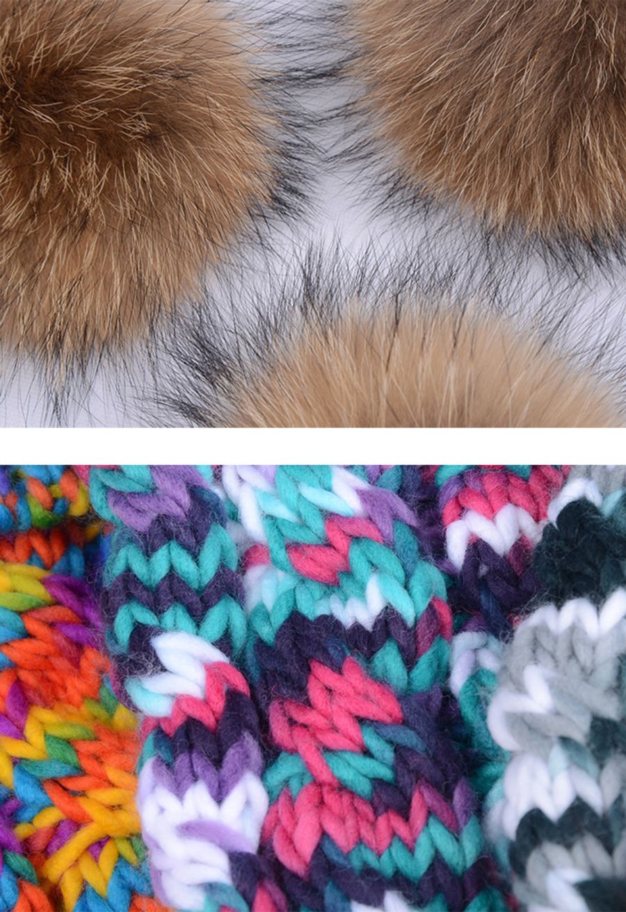 Mix-Knit Pom-Pom Beanie Hat in Blue