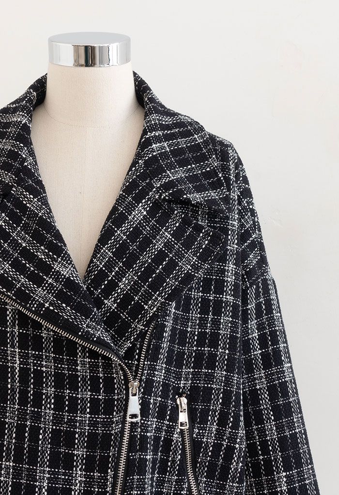 Zip-Up Check Tweed Blazer in Black