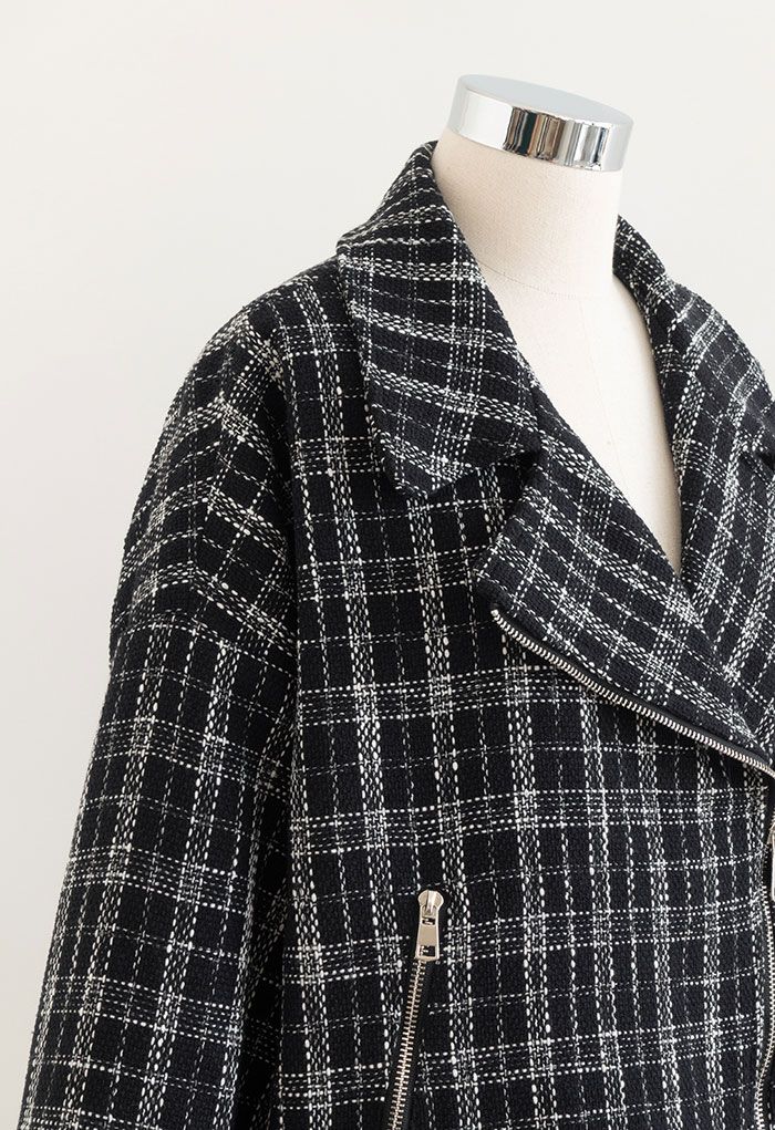 Zip-Up Check Tweed Blazer in Black