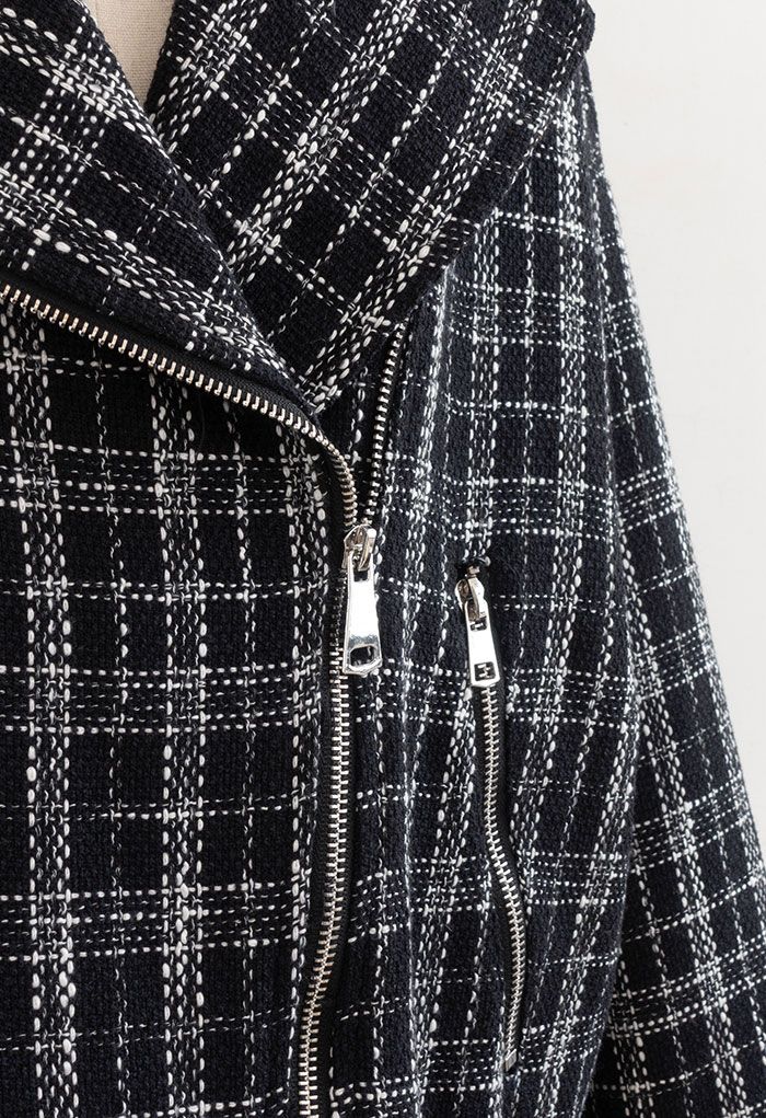 Zip-Up Check Tweed Blazer in Black