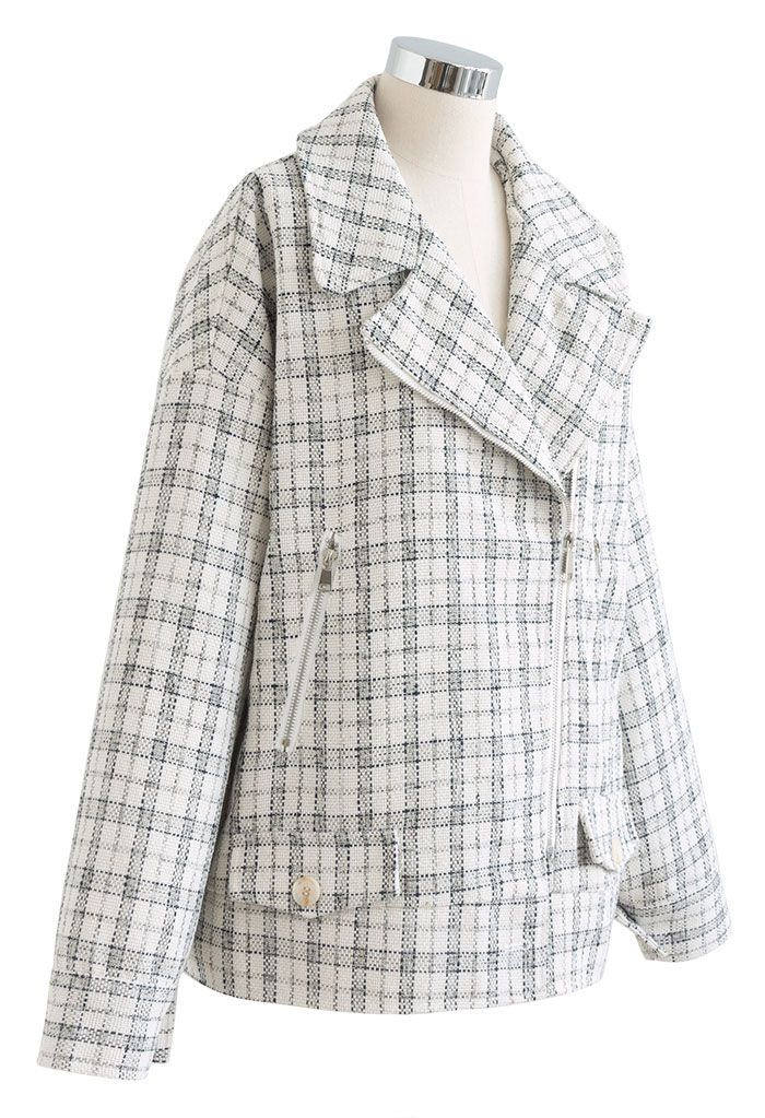 Zip-Up Check Tweed Blazer in White