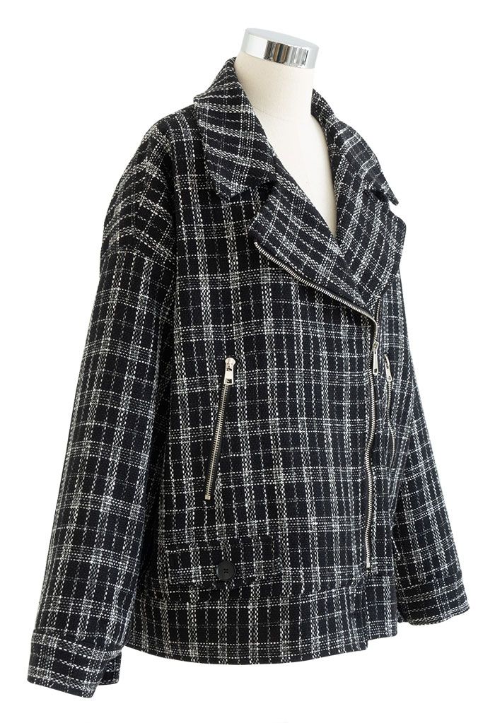 Zip-Up Check Tweed Blazer in Black