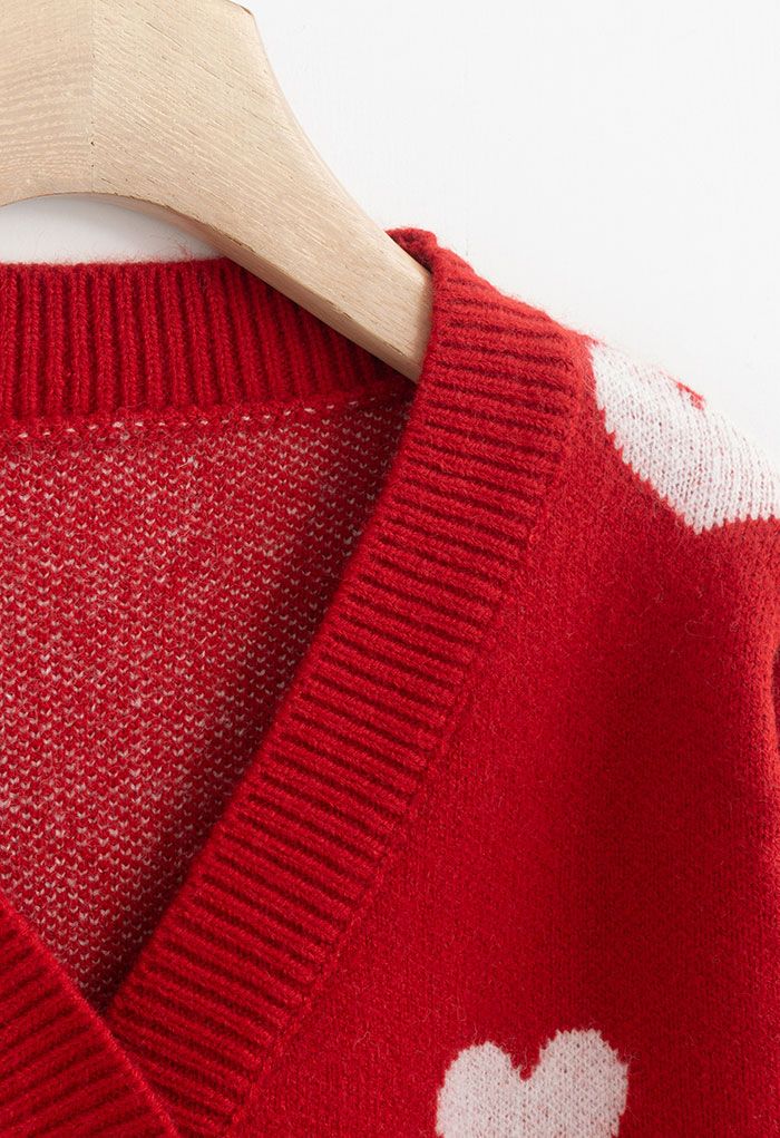 Soft Heart Cropped Knit Cardigan in Red