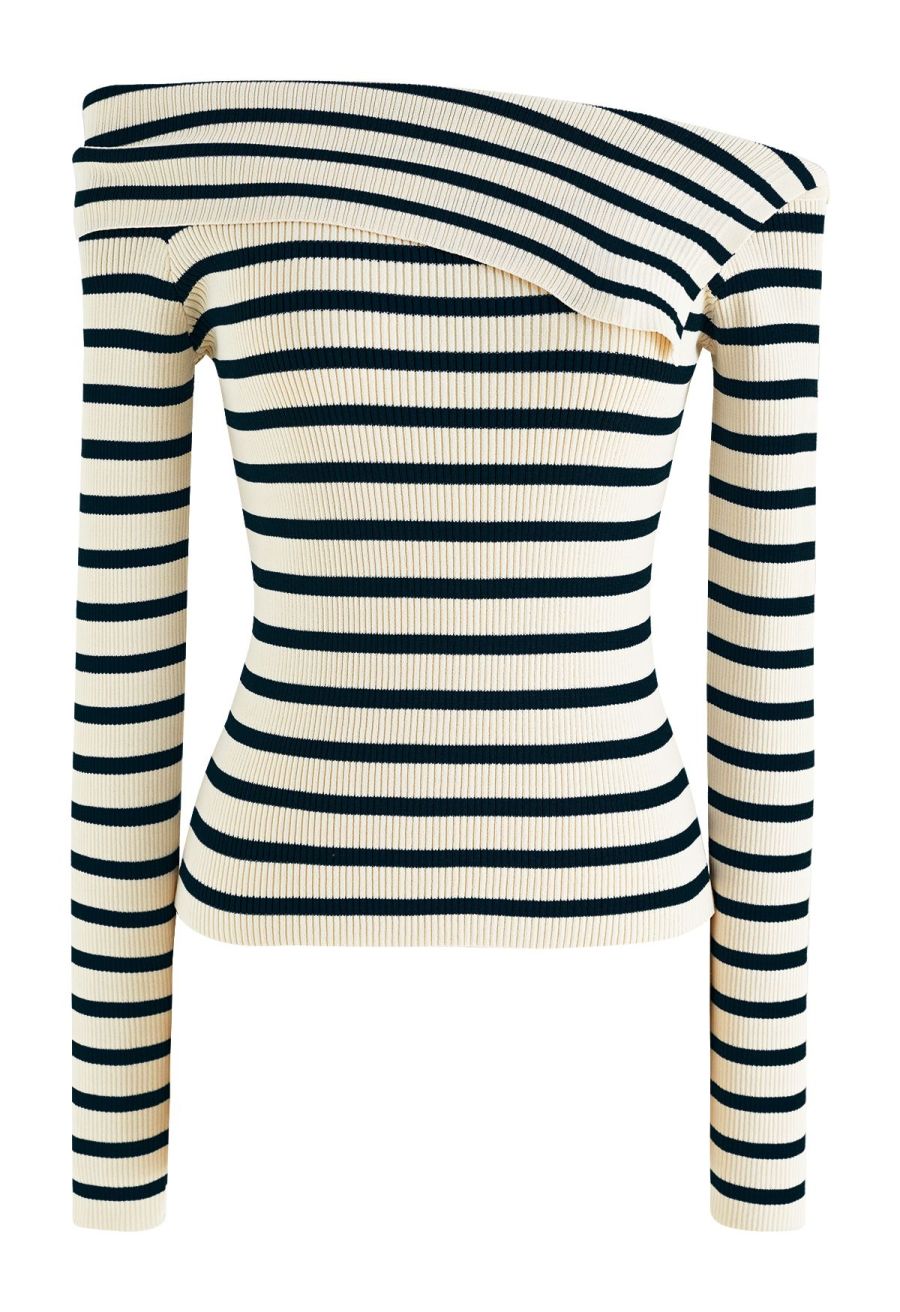 Folded Off-Shoulder Striped Knit Top in Black