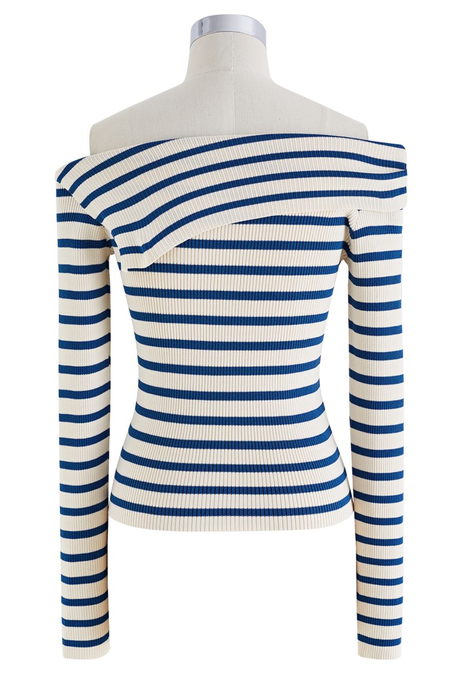 Folded Off-Shoulder Striped Knit Top in Blue