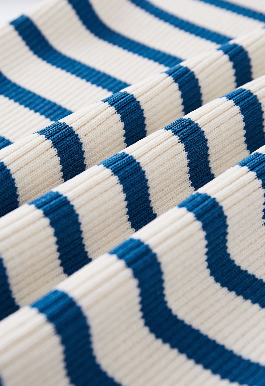 Folded Off-Shoulder Striped Knit Top in Blue