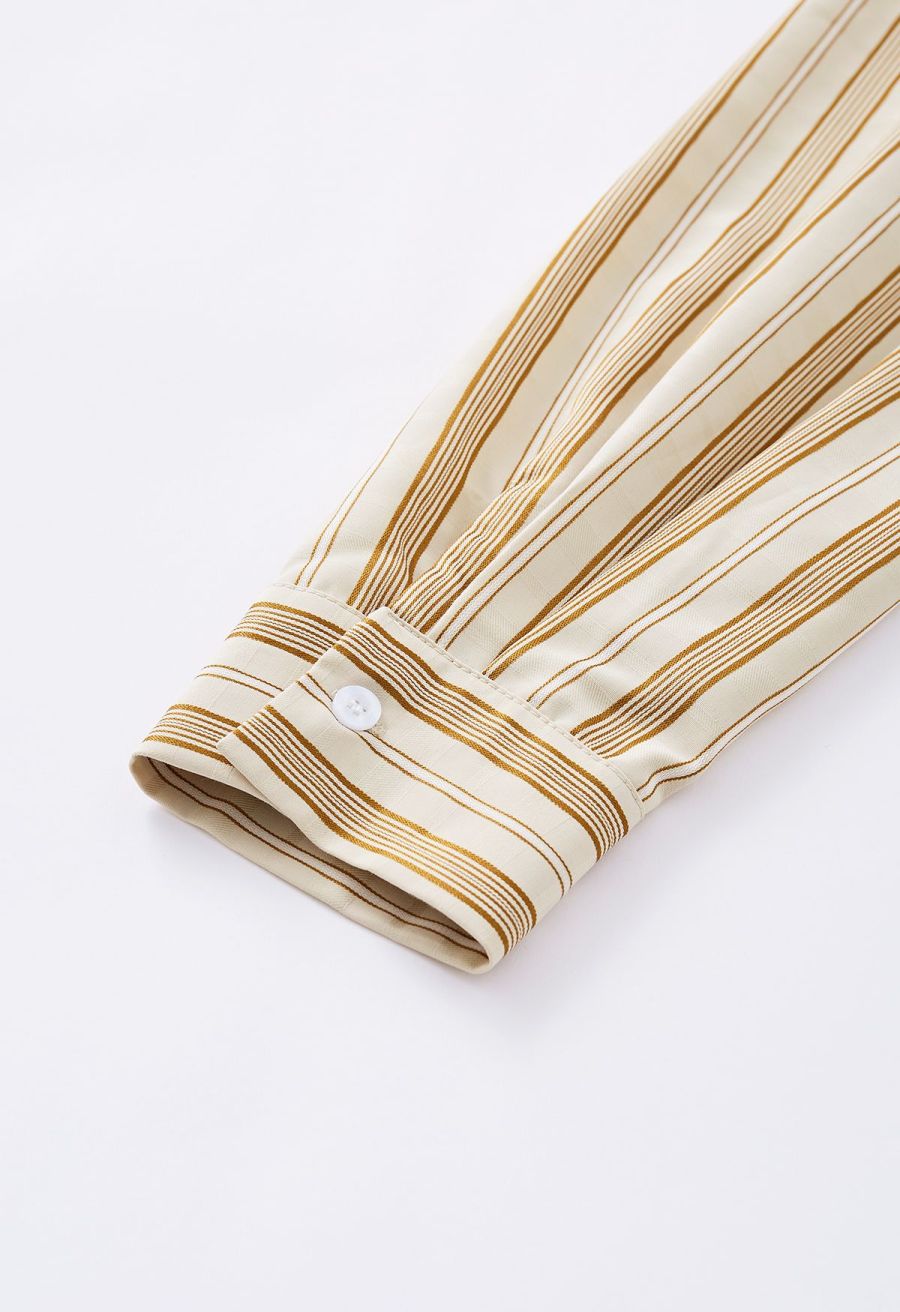Vertical Stripe Button Down Shirt in Tan