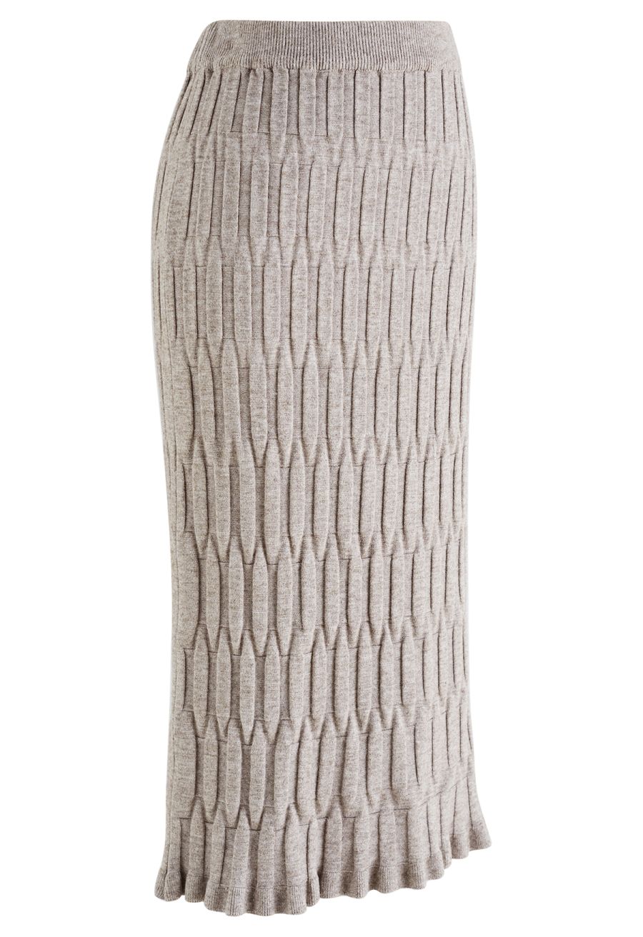 Embossed Texture Knit Pencil Skirt in Taupe