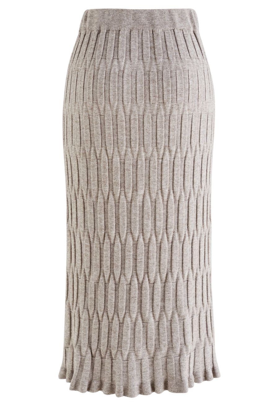 Embossed Texture Knit Pencil Skirt in Taupe