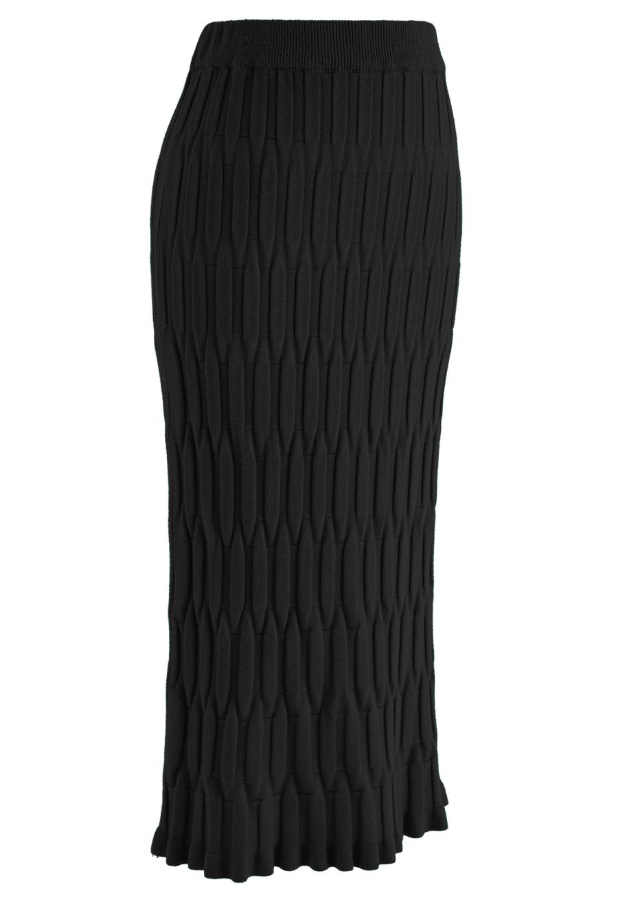 Embossed Texture Knit Pencil Skirt in Black