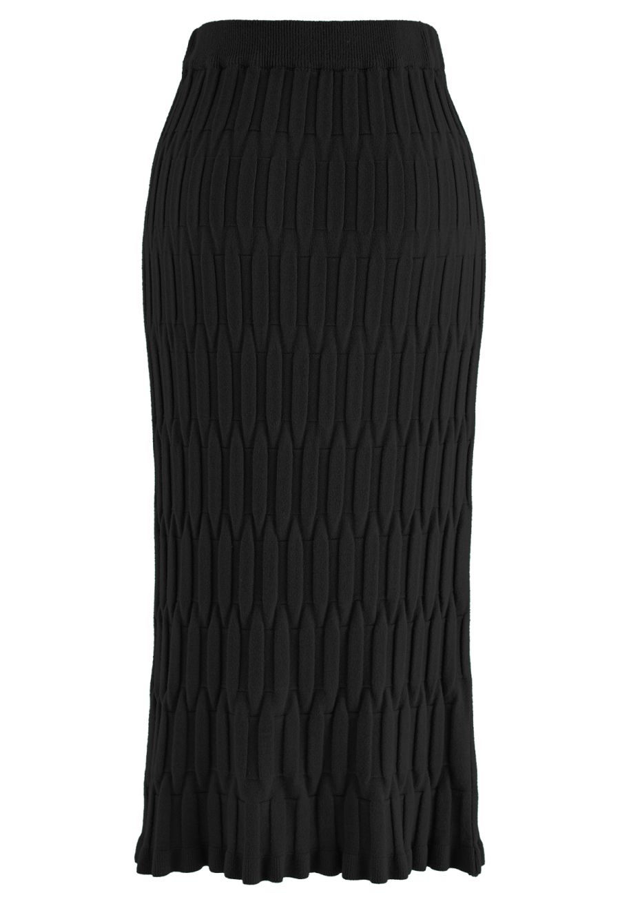 Embossed Texture Knit Pencil Skirt in Black