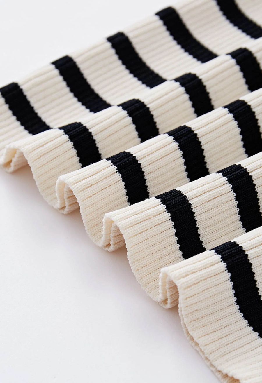 Folded Off-Shoulder Striped Knit Top in Black