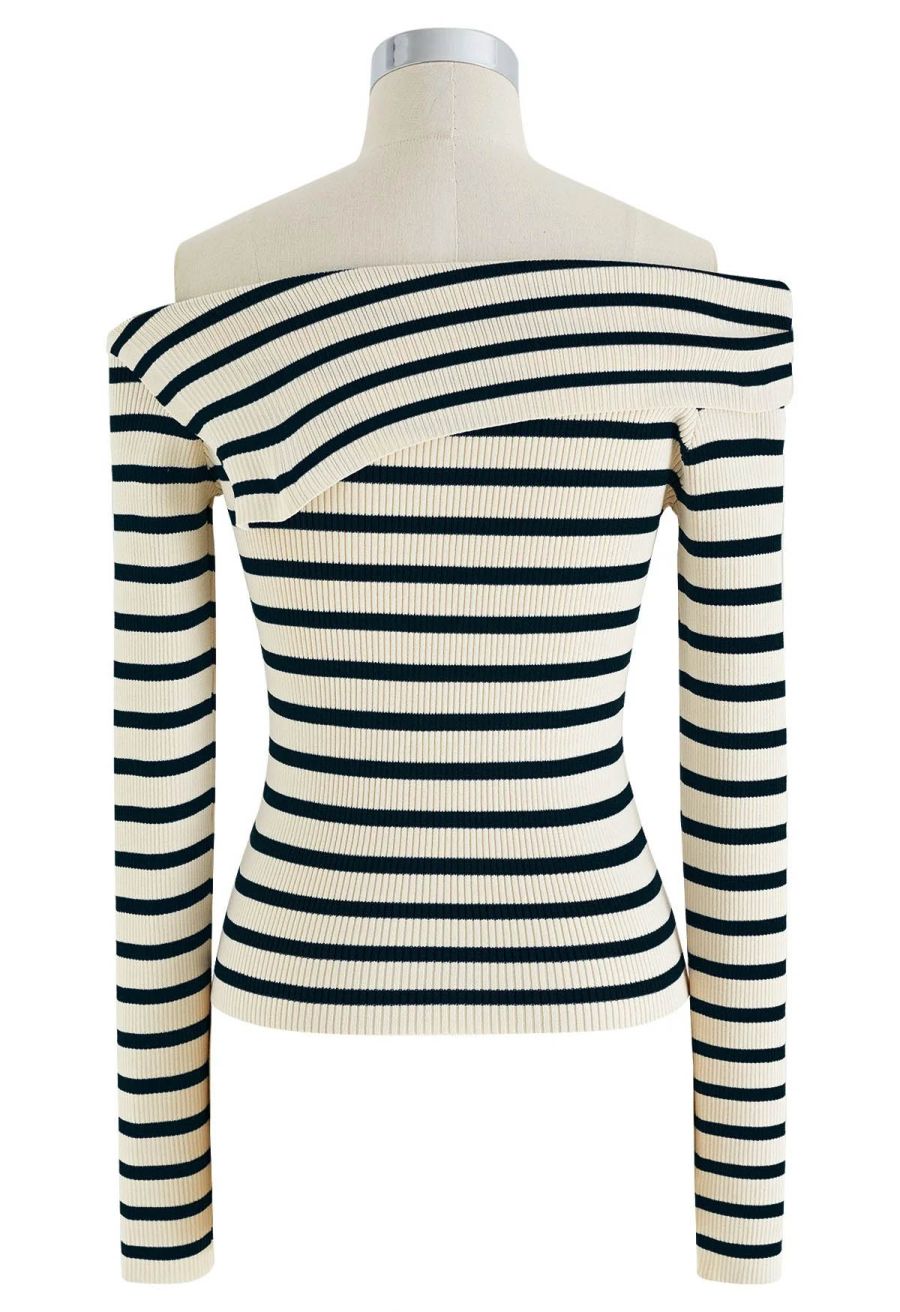 Folded Off-Shoulder Striped Knit Top in Black