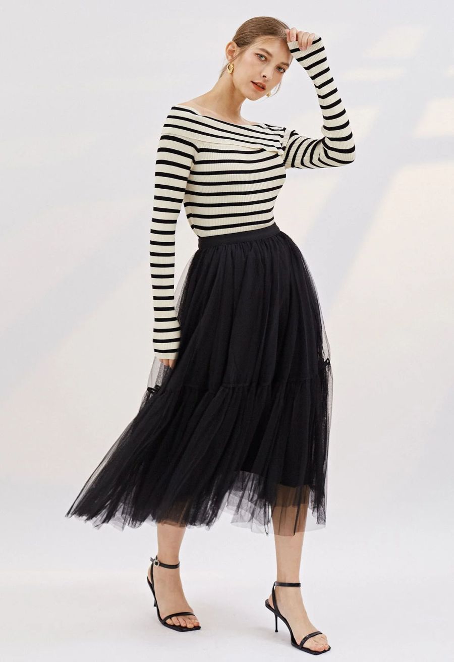 Folded Off-Shoulder Striped Knit Top in Black
