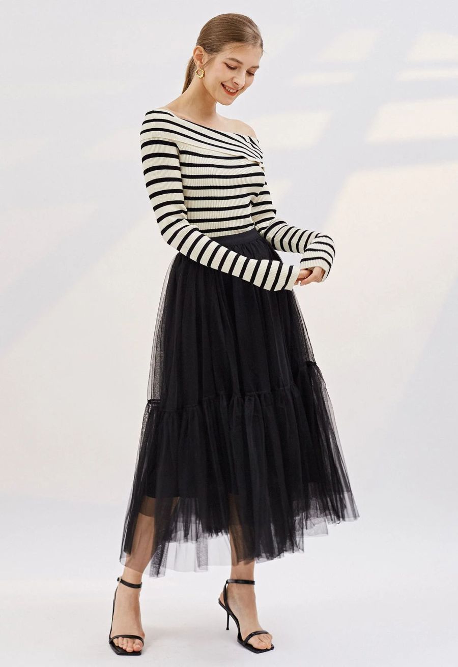 Folded Off-Shoulder Striped Knit Top in Black