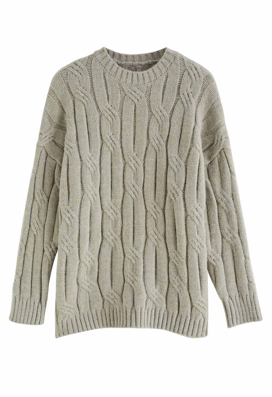 Braid Texture Round Neck Knit Sweater in Sage