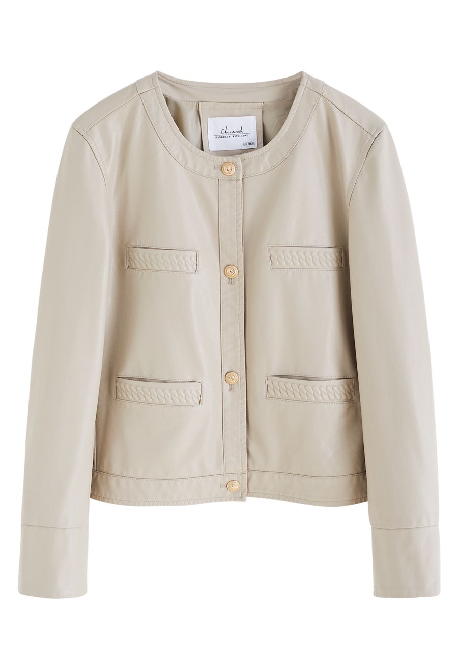Welt Pocket Trim Faux Leather Jacket in Ivory