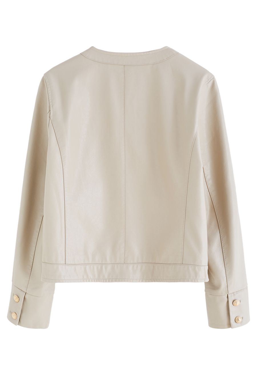 Welt Pocket Trim Faux Leather Jacket in Ivory