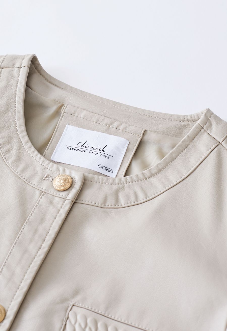 Welt Pocket Trim Faux Leather Jacket in Ivory