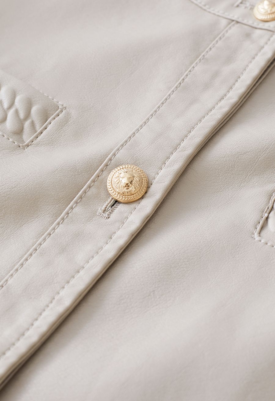 Welt Pocket Trim Faux Leather Jacket in Ivory