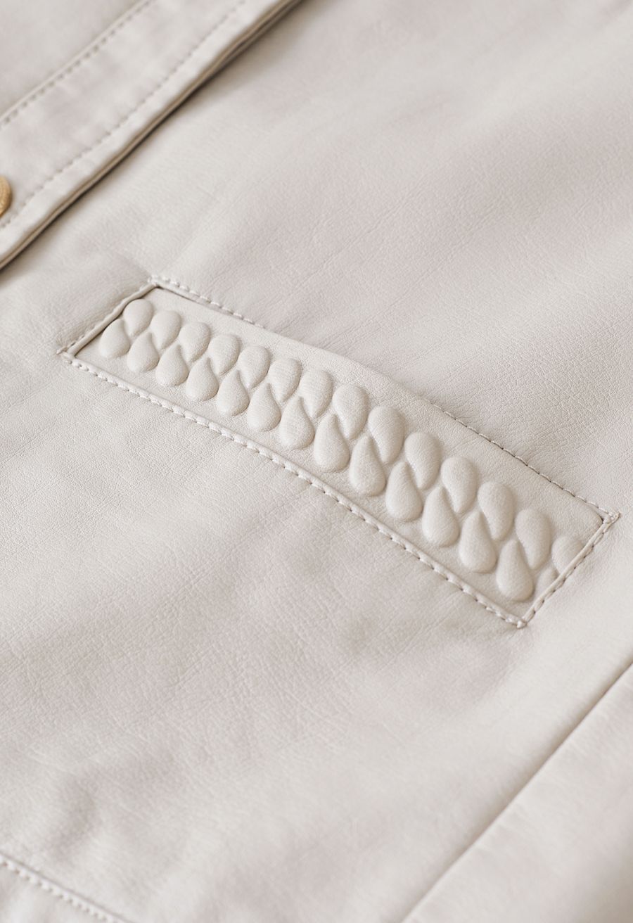 Welt Pocket Trim Faux Leather Jacket in Ivory