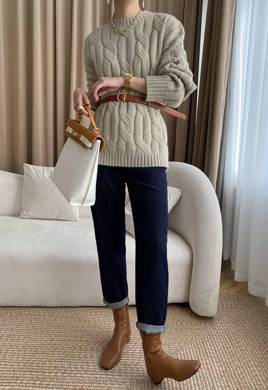 Braid Texture Round Neck Knit Sweater in Sage