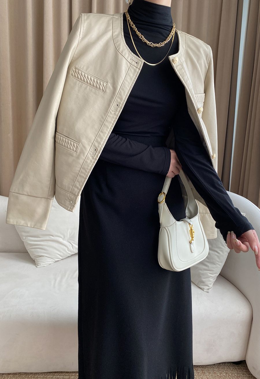 Welt Pocket Trim Faux Leather Jacket in Ivory