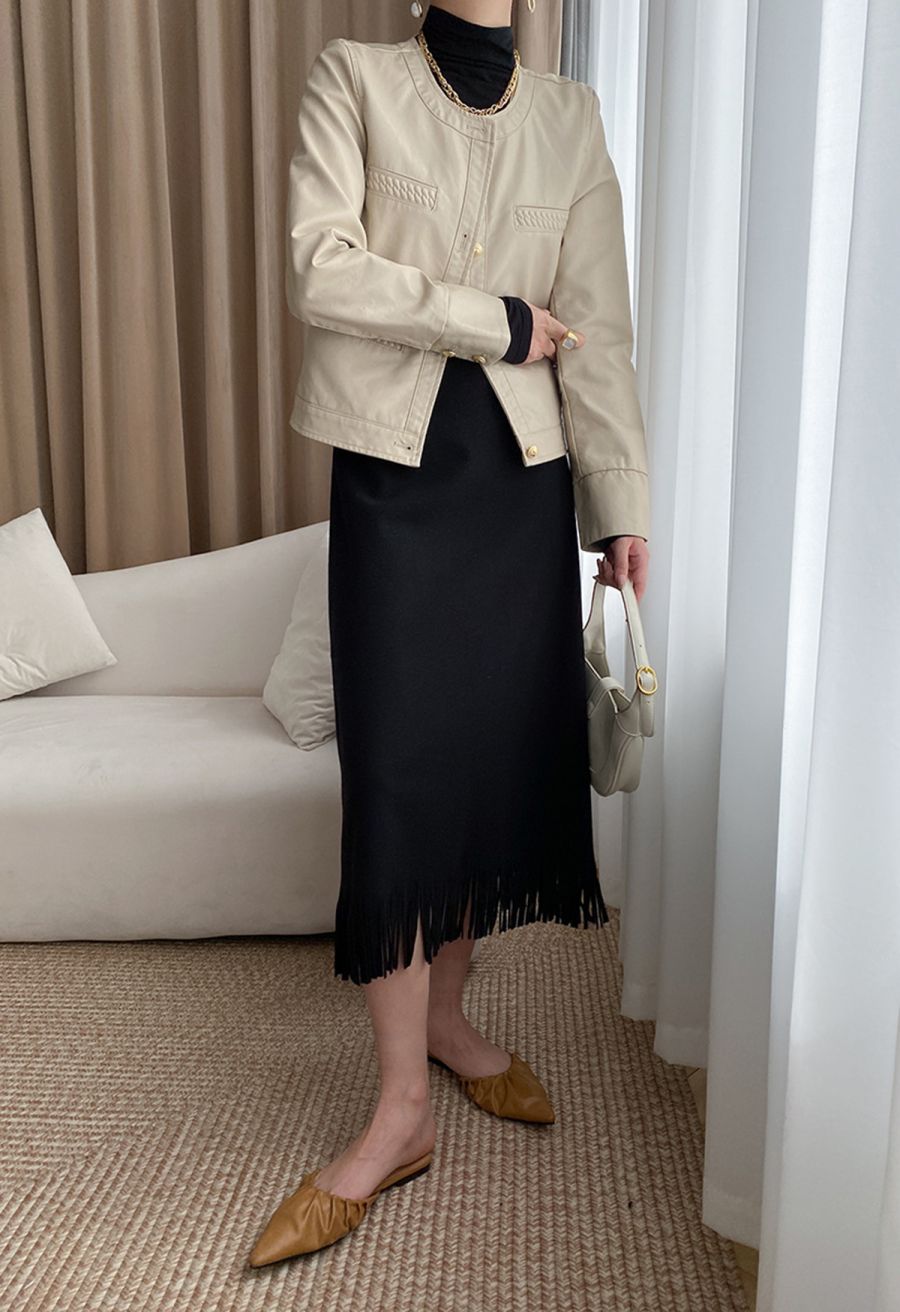 Welt Pocket Trim Faux Leather Jacket in Ivory