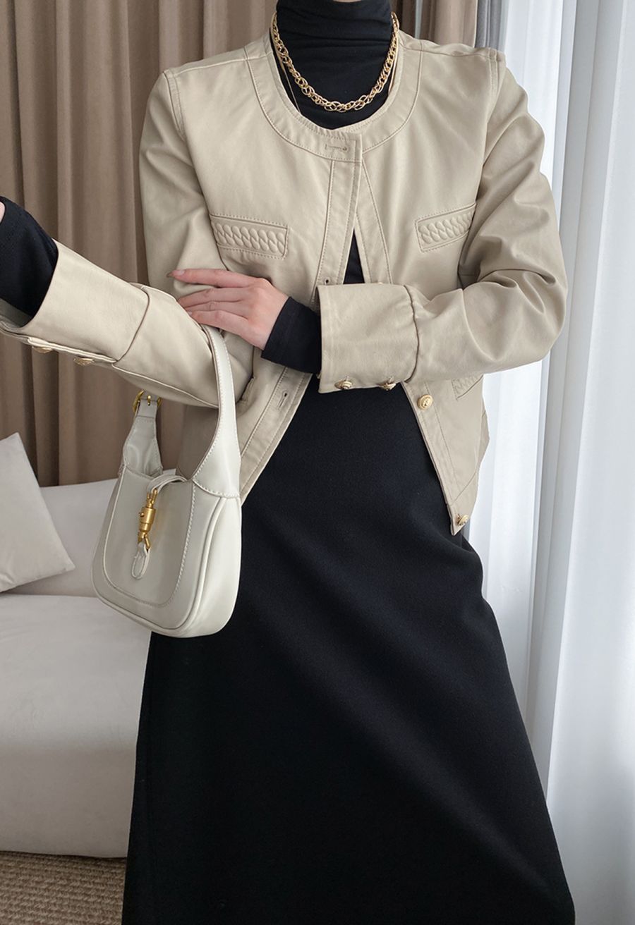 Welt Pocket Trim Faux Leather Jacket in Ivory