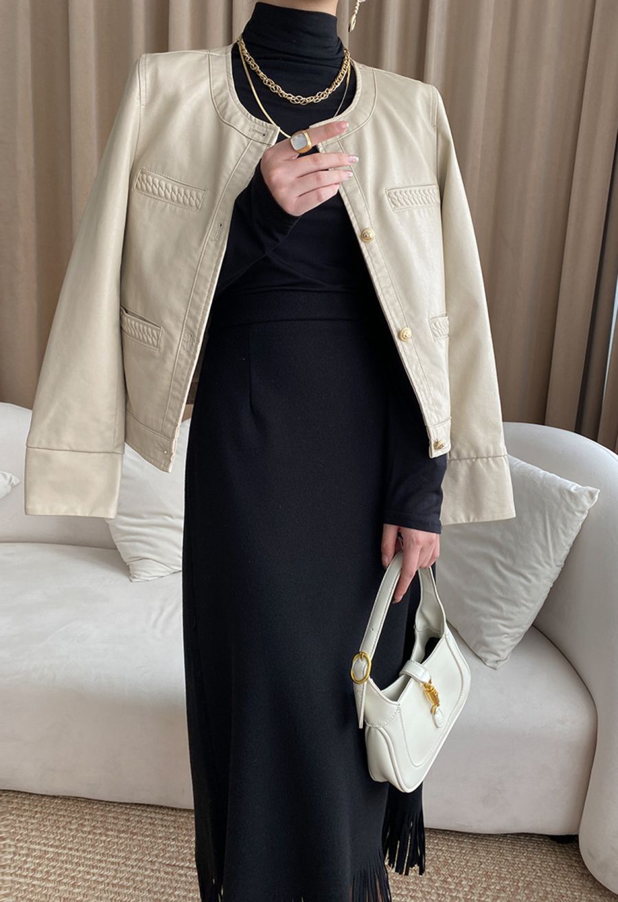 Welt Pocket Trim Faux Leather Jacket in Ivory