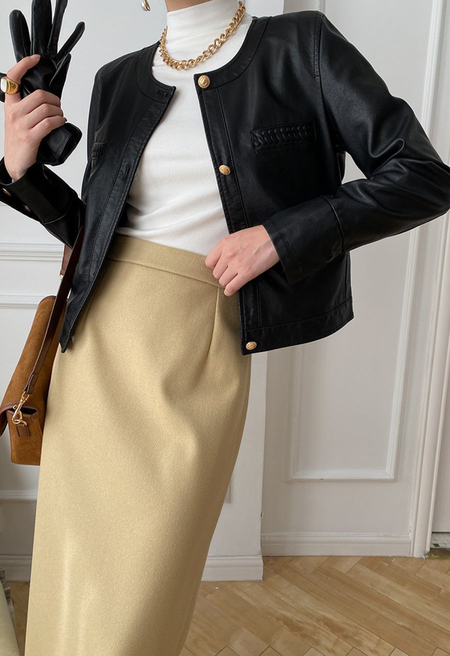 Welt Pocket Trim Faux Leather Jacket in Black