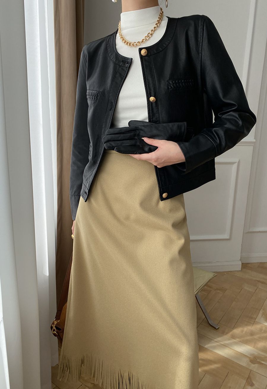 Welt Pocket Trim Faux Leather Jacket in Black