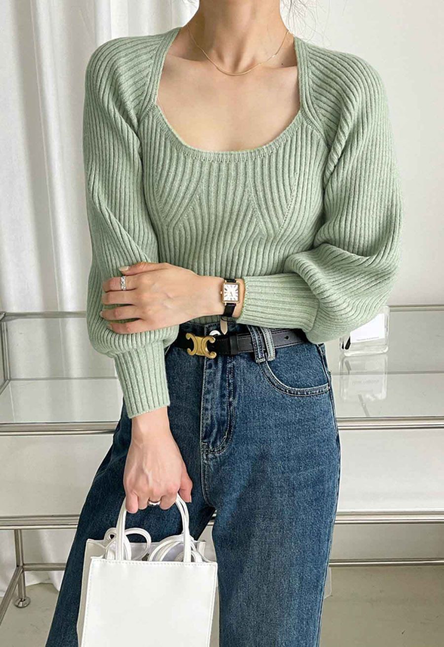 Wide Round Neck Rib Knit Top in Mint