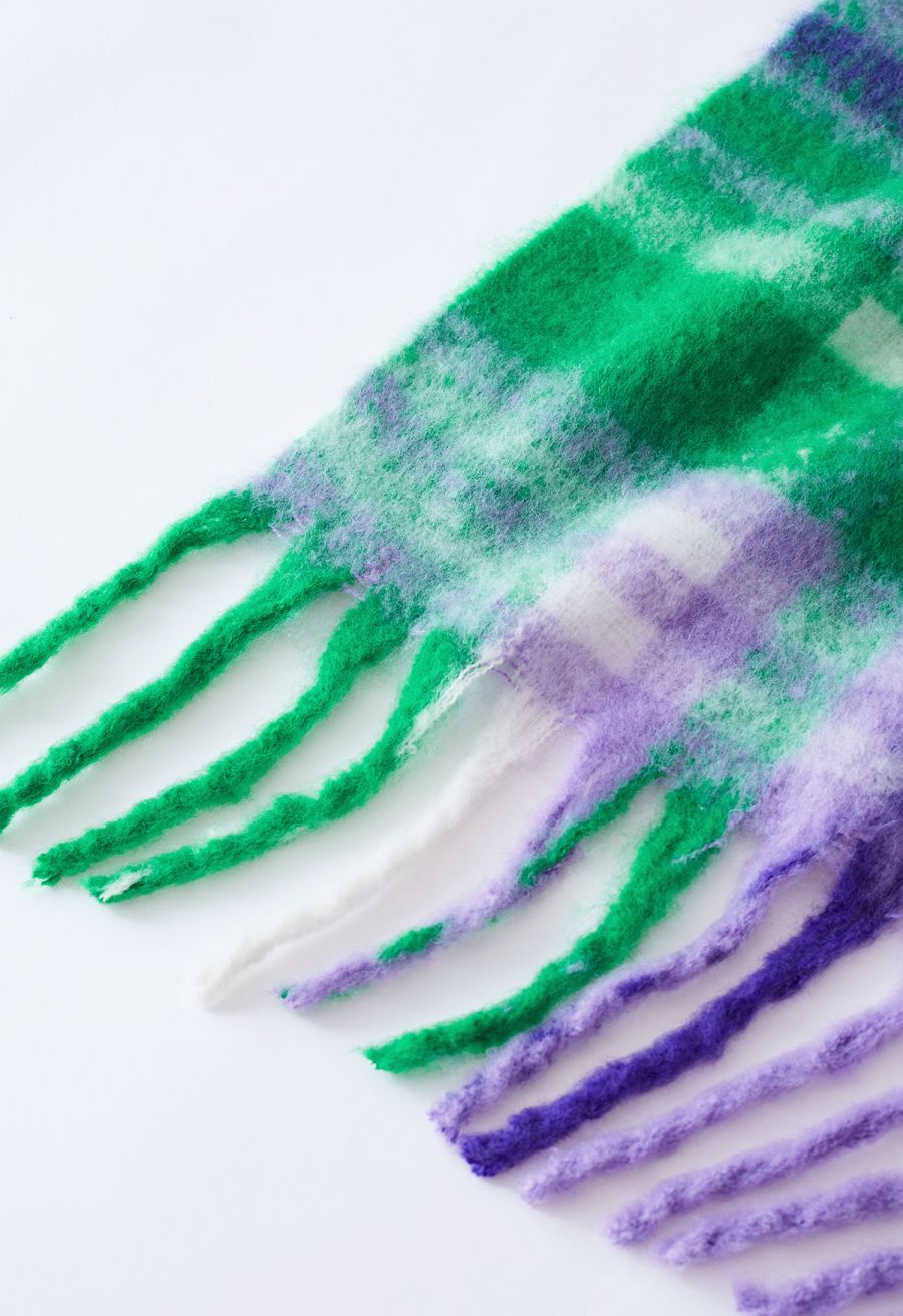 Fuzzy Mohair Plaid Pattern Scarf in Lilac